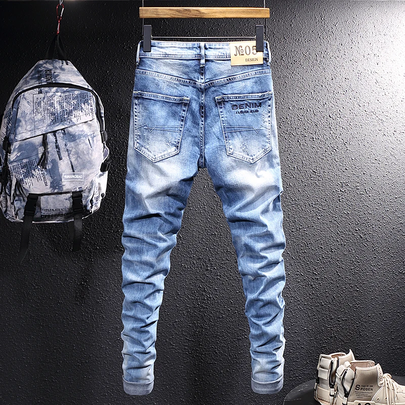 Newly Vintage Fashion Men Jeans Retro Light Blue Elastic Slim Fit Ripped Jeans Men Embroidery Designer Casual Plain Denim Pants