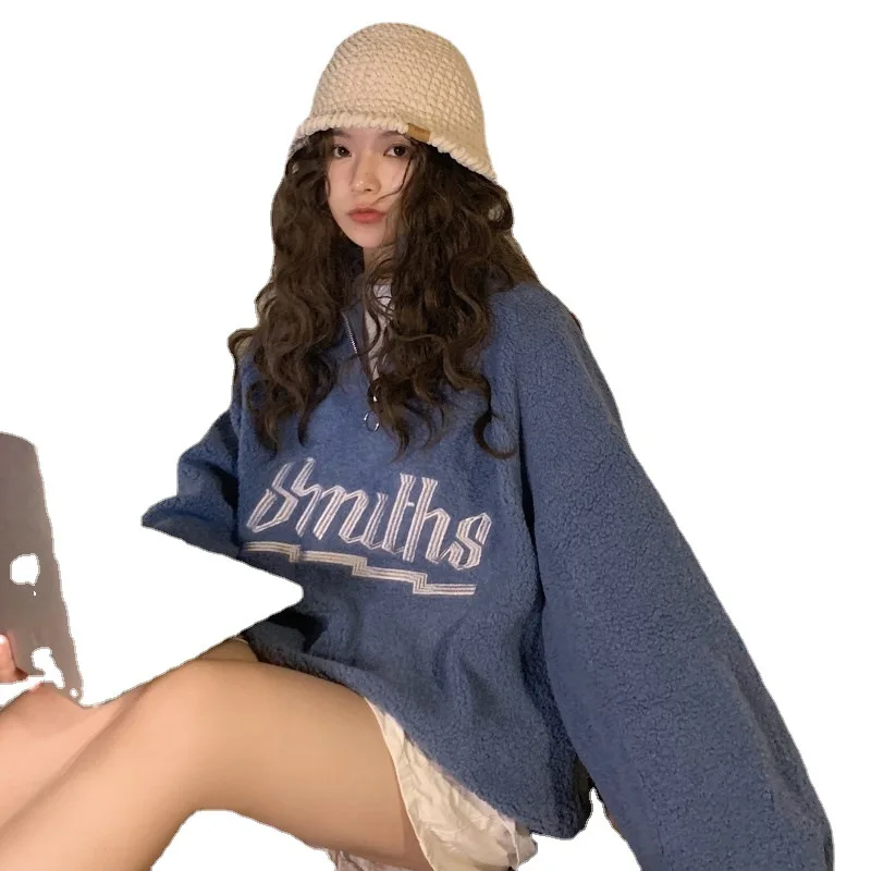 

2022 Women Imitation Cashmere Thickened Stand Collar Sweater Lapel Letter Embroidery Long Sleeve Winter Top Zipper Street Coat