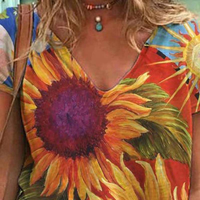 

V-Neck Printed T-Shirt Casual Short-Sleeved Top Women's Fashion New Style Loose and Thin Summer Polyester Fiber Gift LXH