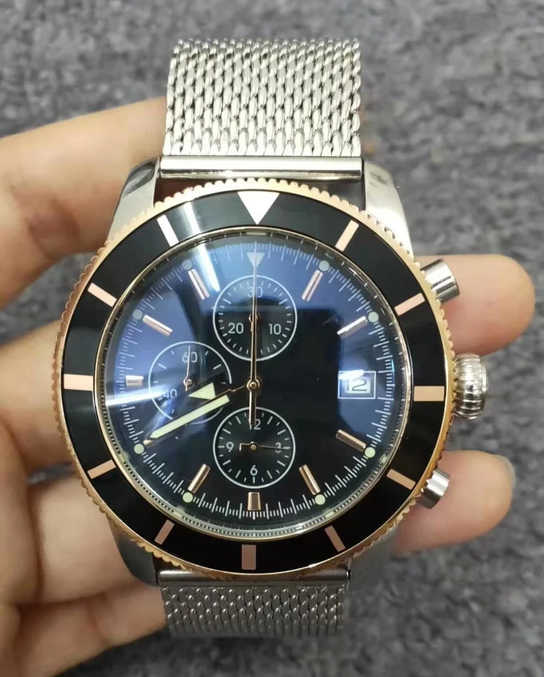 

New Men's SuperOcean Quartz Chronograph Watch Stainless Steel Rotatable Bezel Black Blue Rubber Ceramic Sapphire Crystal