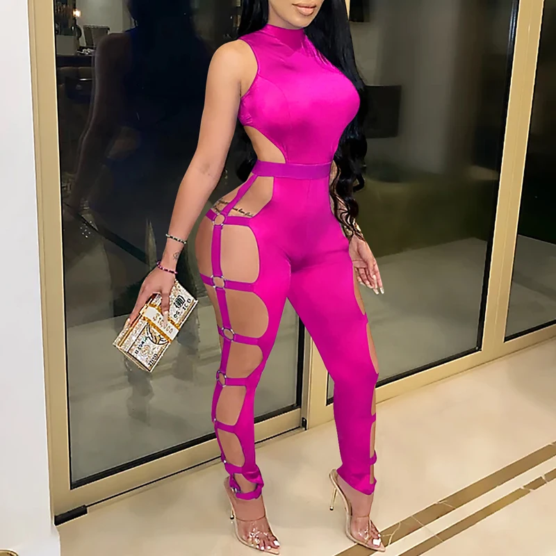 

Sexy Hollow Out Skinny Jumpusuit Women Elegant Off Shoulder Solid Sleeveless Bodycon Jumpusuit Lady Party Club Fashion Sleepwear