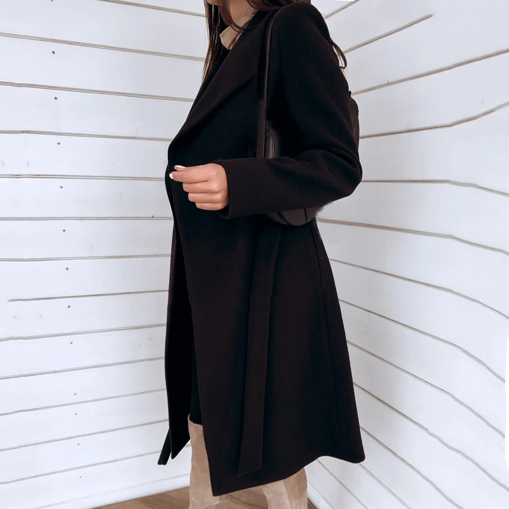 Женское осеннее теплое пальто однотонный длинный кардиган с поясом-повязкой в