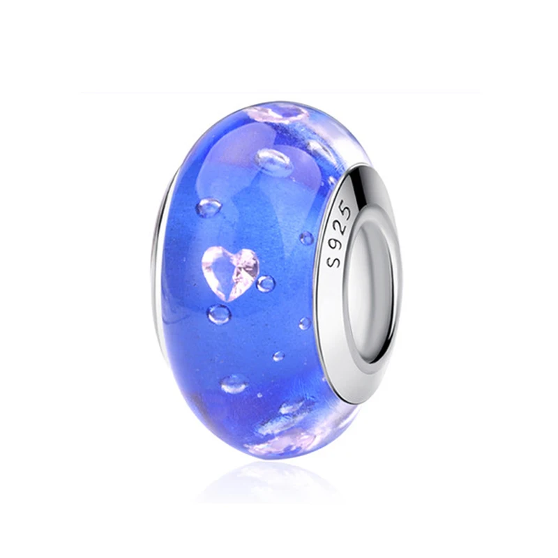 Heart Blue 925 пробы, серебряные стеклянные бусины, шармы, подходят для браслетов Pandora, Радужное граненое муранское стекло, шарм, сделай сам, изготовление ювелирных изделий - Цвет: Heart Blue