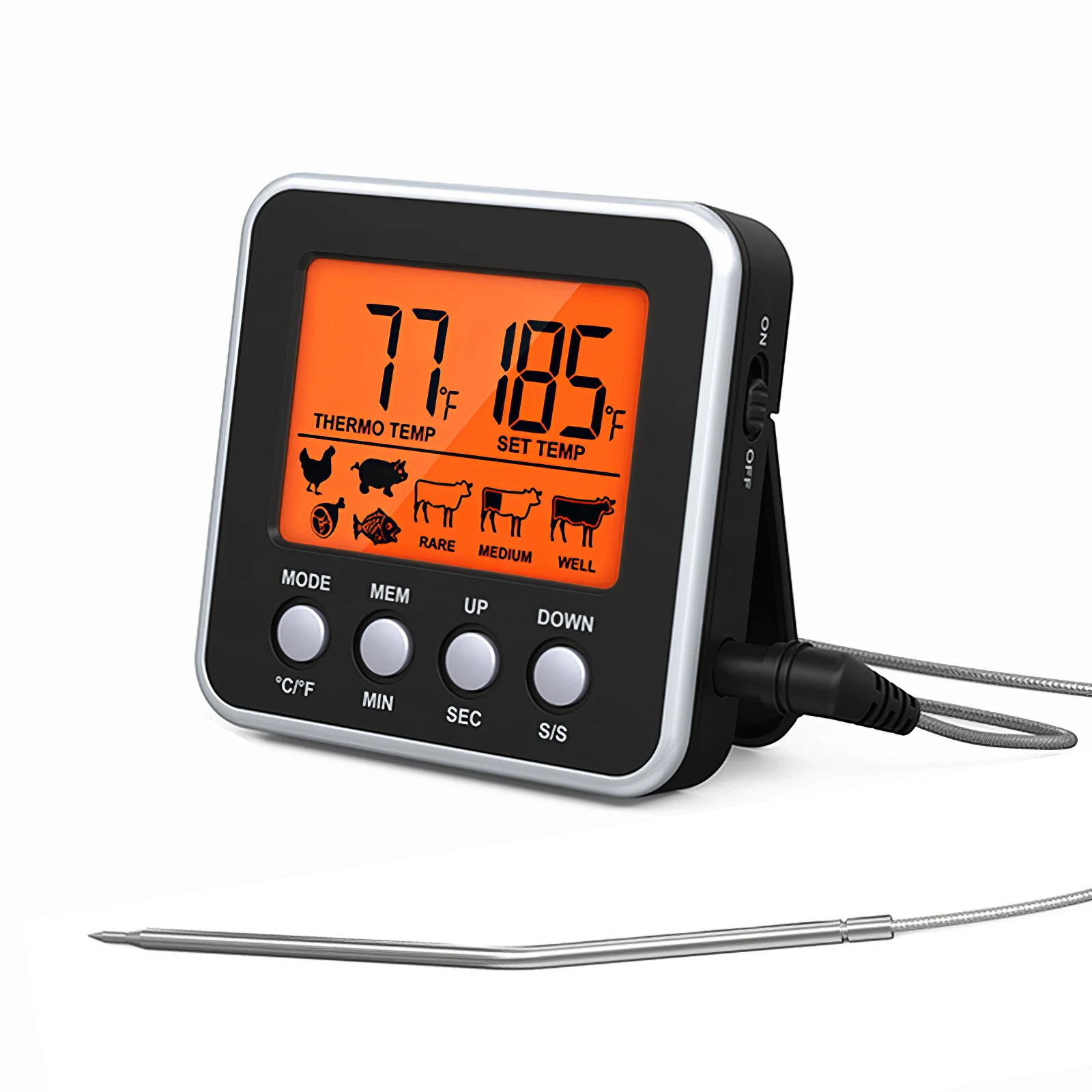 

Digital Meat Thermometer for Food Cooking Kitchen Oven Smoker BBQ Grill with Timer Mode / Backlit / Stainless Steel Probe