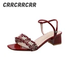 Туфли crrcrr женские с бахромой, модные мягкие однотонные красные удобные дышащие босоножки с жемчугом, с открытым носком, ручной работы, элегантные вечерние сандалии