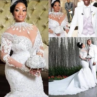 african mermaid wedding dresses nigerian arabic high neck long sleeve lace beadings court train luxury bridal gowns