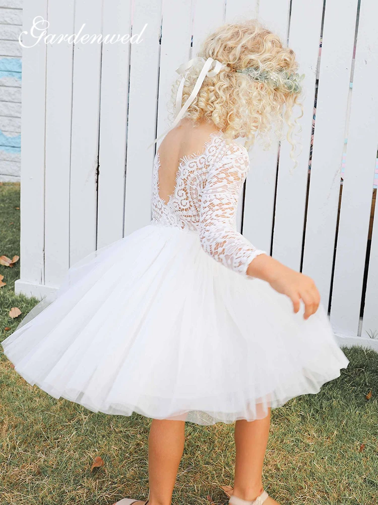 Cute Ivory Lace Flower Girl Dresses O-Neck Long Sleeves First Communion Illusion Back Short Tulle Baby Party Dress | Свадьбы и