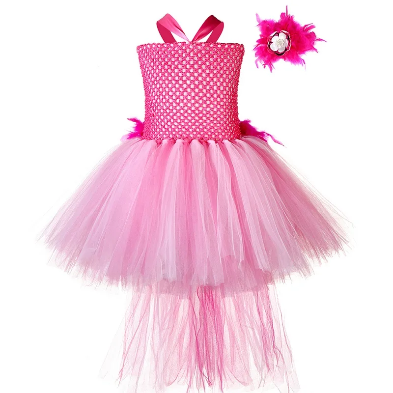 Dress and Headband Ярко-розовое платье-пачка для девочек с изображением фламинго; платье с перьями, птицами и животными для девочек на День рождения; детские маскарадные костюмы на Хэллоуин - Цвет: Dress and Headband