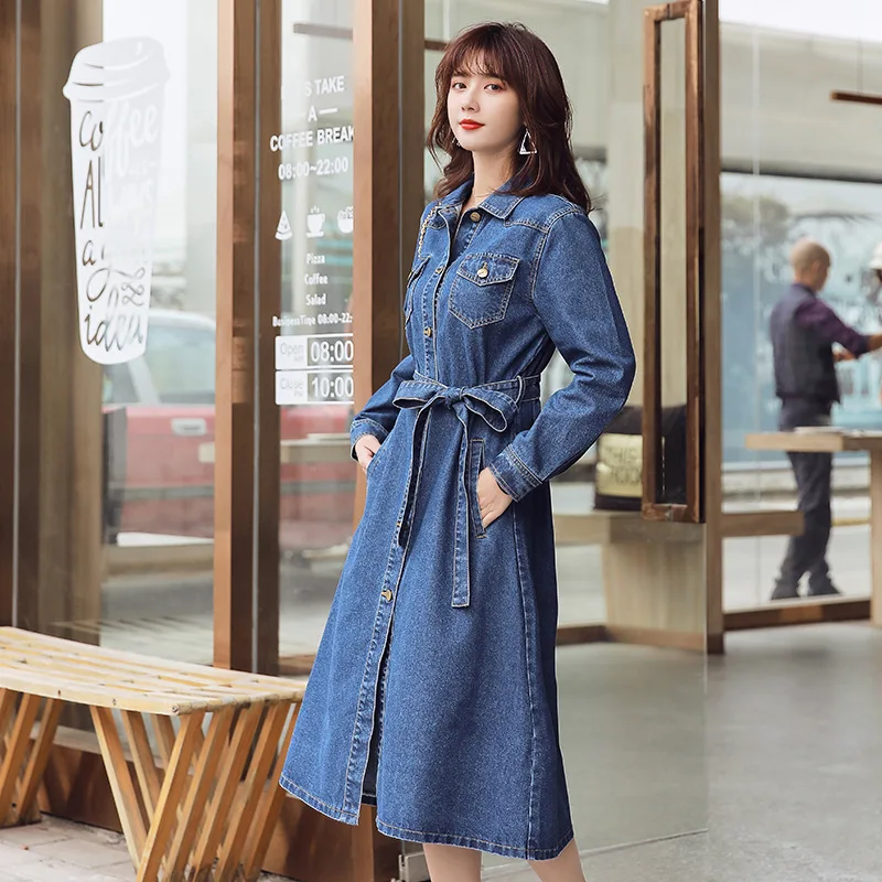 

2021 Winter New Mid-Length Denim Dress Female Korean Version Loose Waist Bow Tie Casual Denim Trench Coat