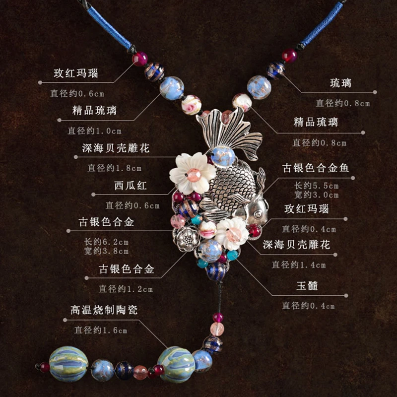 

Big Fish Necklace Flower Of Life Pendant Blue Blossom Women Sweater Chain Stone Long Necklaces & Pendants Statement Jewelry