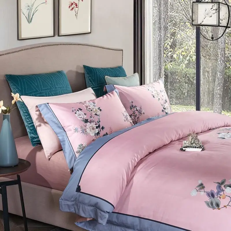 Pink Long-staple Cotton Bedding Set Chinese classical style Bed flowers Duvet Cover/sheet/pillowcase Queen/King Size | Дом и сад