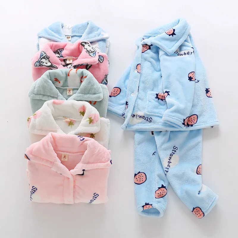 

2-10 Y Children Pajamas Sets Autumn Winter Cartoon Print Flannel Long Sleeve Cardigan Pants Sleepwear For Boy Girls Home Wear