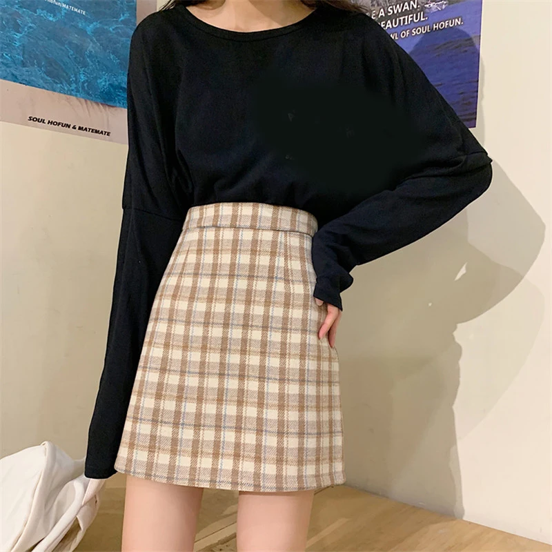Autumn and winter new fashion high waist skirt women plaid retro wild a-line was thin package hip | Женская одежда
