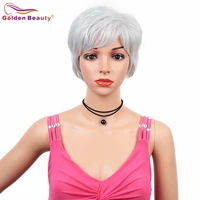 golden beauty 12inch synthetic hair wigs with bangs short bob wig natural straight high temperature fiber grey for white women
