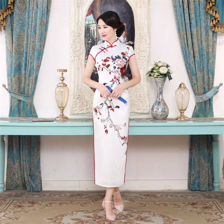 Китайский традиционный Женский Чонсам Платья с цветочным принтом для свадьбы