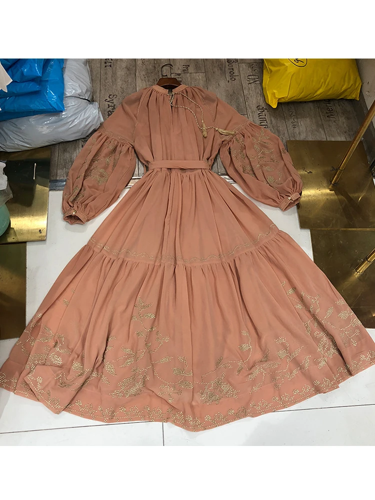 

Heavy craft embroidery geometric figure women's summer hollow pleated dress 2020ladies summer office temperament long dress Bing