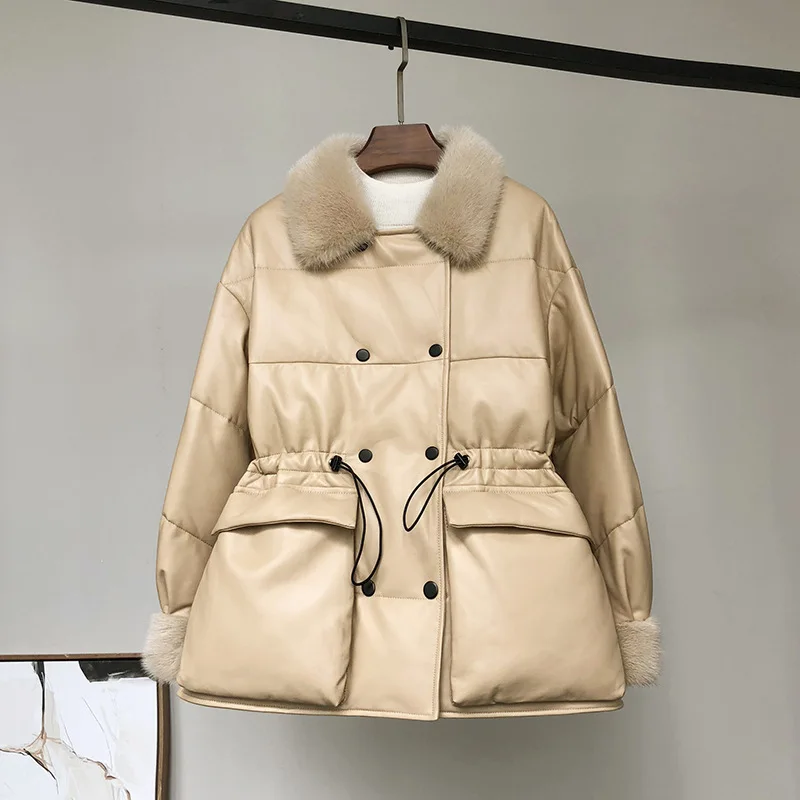 

New High Quality Real Sheepskin Leather Women Down Jacket Women Mink Fur Collar Waist Large Pocket Coat Double Breasted