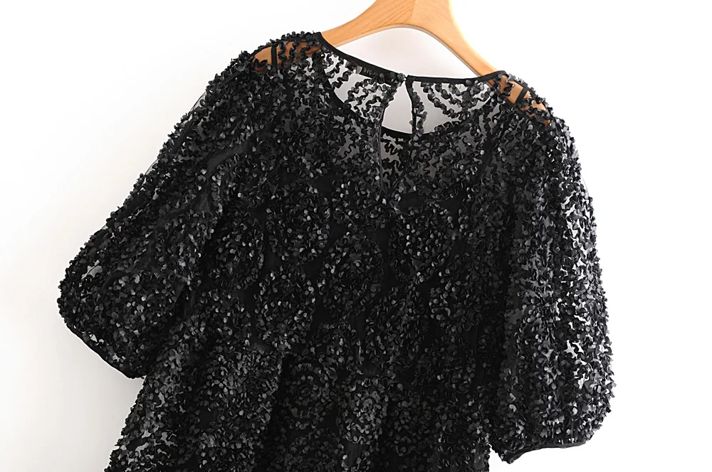 Star firefly casual western puff sleeve round neck openwork lace Za long dress female loose stitching dress women