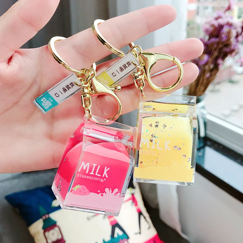 

Dairy Cow Milk Drinks Acrylic Keychain Fruit Milk Moving Liquid Bottle Keyrings Women Couple Car Bag Charm Keyring Bag Charm