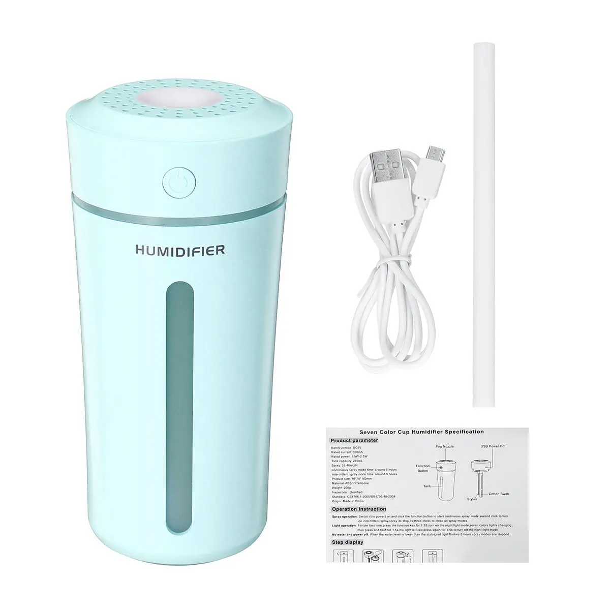 

Ultrasonic LED Humidifier USB 7 Color Air Purifier 270ml Mist Diffuser for Home Office Essential Air Freshener Humidifier