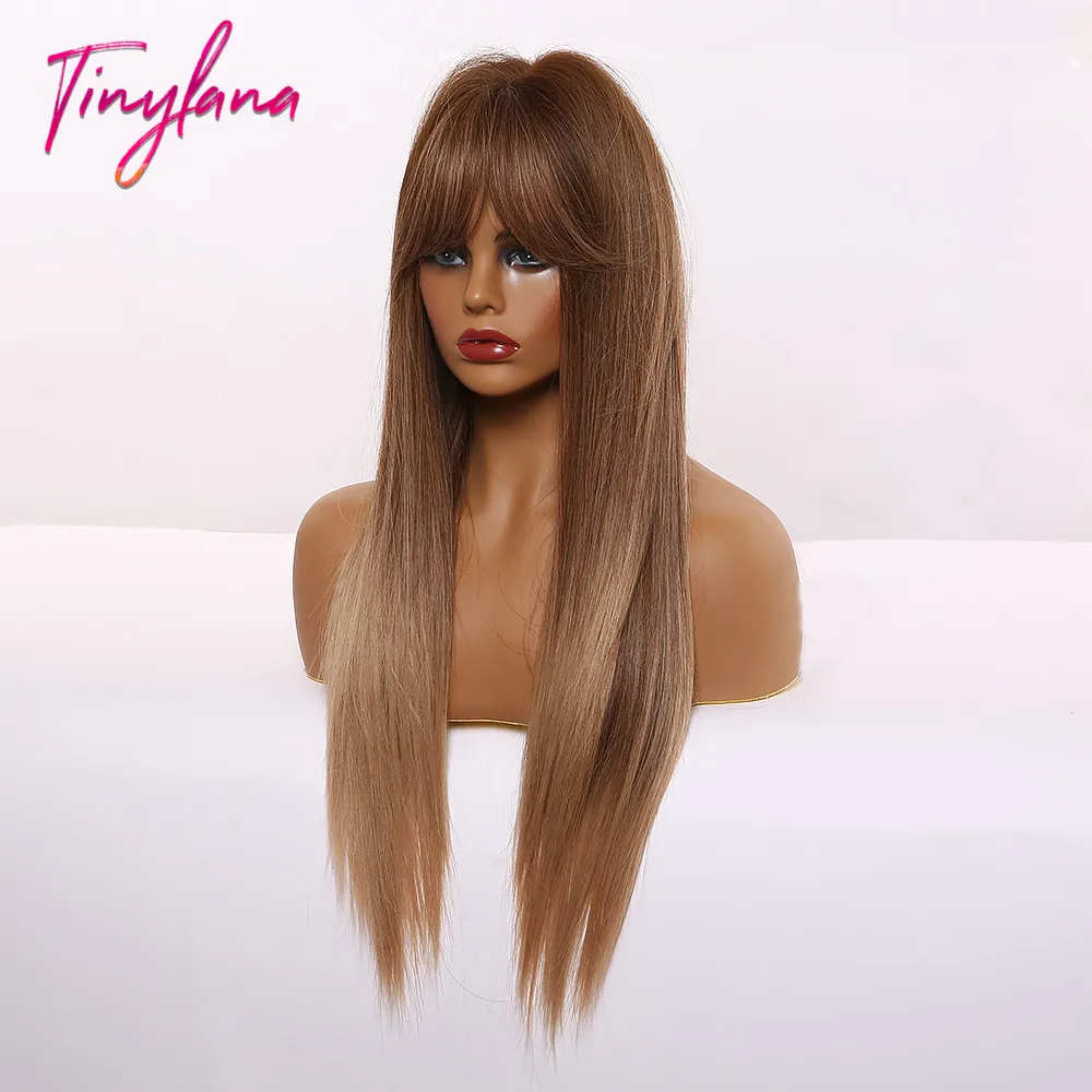 Маленькие натуральные длинные прямые волосы LANA с челкой коричневые блонд Омбре