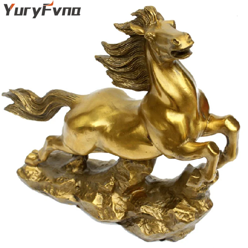 YuryFvna16.5cm(6,") высота золотой латуни бегущая Статуэтка «Лошадь» фэн шуй скульптура животных Статуэтка Miniture домашний офисный Декор