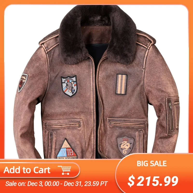 

2021 винтажная коричневая военные Стиль натуральная кожаная куртка пилот шерстяной воротник размера плюс 4XL натуральным толстые теплые зимн...