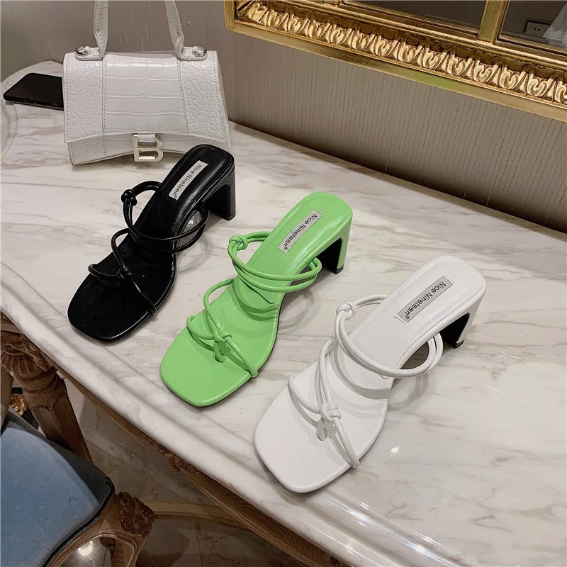 

2021 Summer New Square Toe Sandals Flip-Toe High Heels Candy Color Thin Strap Roman Shoes
