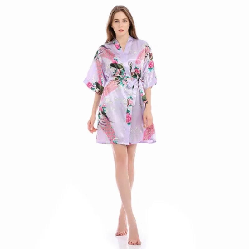 AECU2021 Spring New Ladies Silk Satin Thin Robe Comfort Fresh Style Floral Printed Sleepwear Sexy Nightgown Femme Satin Homewear