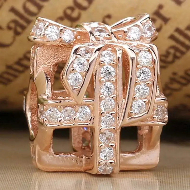 

New 925 Sterling Silver Charm Openwork Rose Wrapped Up Gift Box With Crystal Bead Fit Original Bracelet Necklace DIY Jewelry