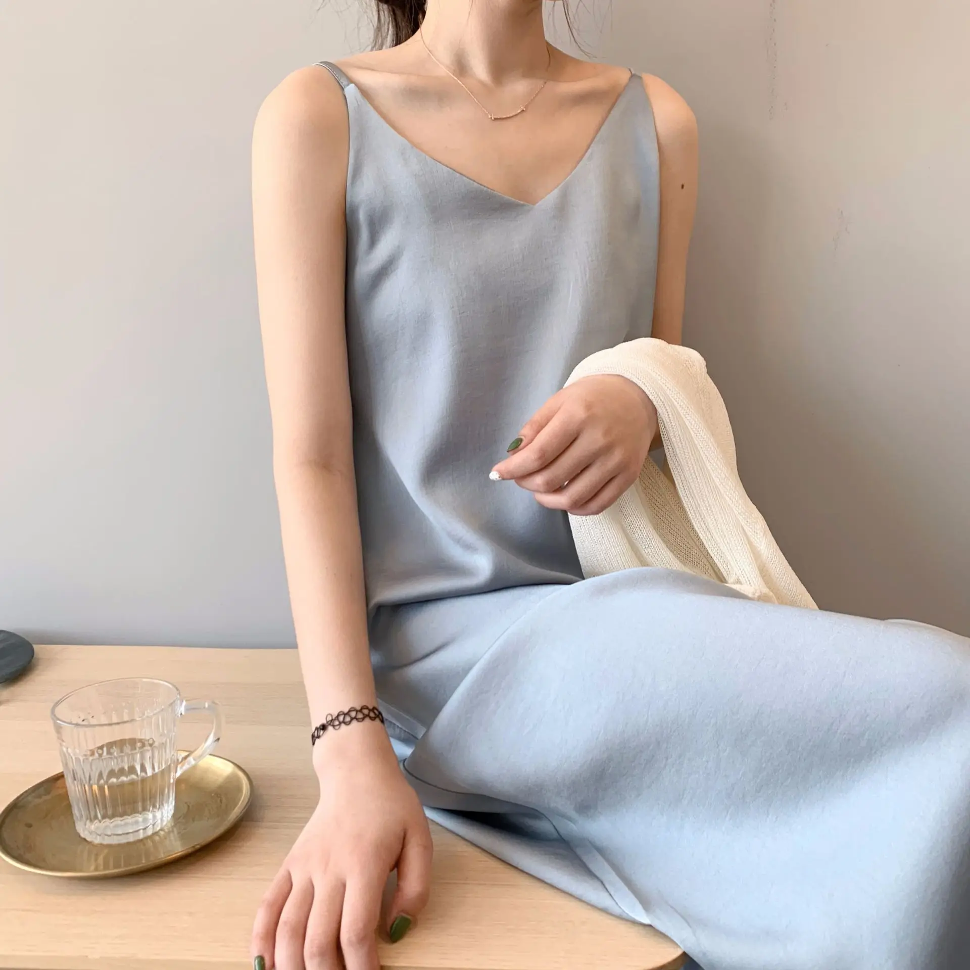 

Spring summer 2020 Woman Tank Dress Casual Satin Sexy Camisole Elastic Female Home Beach Dresses v-neck camis sexy dress