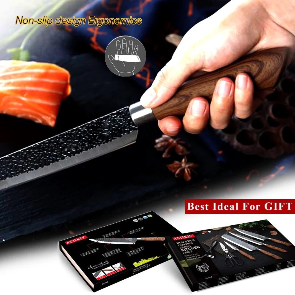 

Stainless Steel Kitchen Knives Set Tools Forged Kitchen Knives Scissors Peeler 6 pcs Chef Slicer Nakiri Paring Knife Gift Case