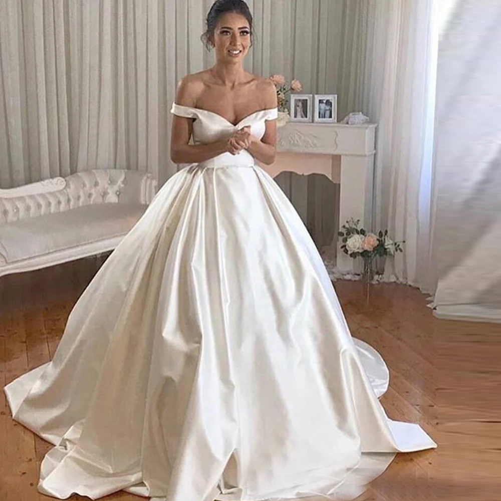 

Elegant Princes Wedding Dress Luxury A-Line V-Neck Sleeveless Button Bow Pleat Court Train Bridal Gowns 2021 Vestido De Noiva