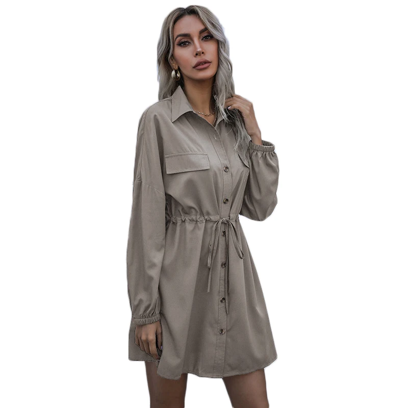 

2021 New Spring Summer Fashion Women Shirt Dresses Turn Down Collar Single Breasted Drawstring Waist A-line Mini Dress