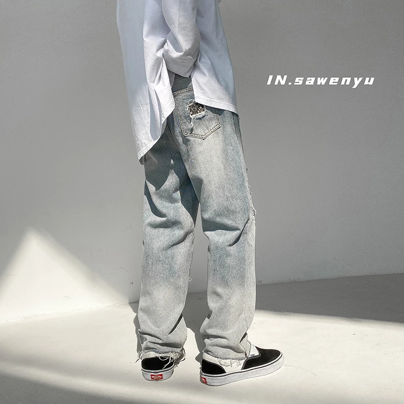 

Men Wash Splice Casual Straight Patchwork ripped Jeans Trousers Male Fashion Streetwear Loose Hip Hop Denim Full Length Pants