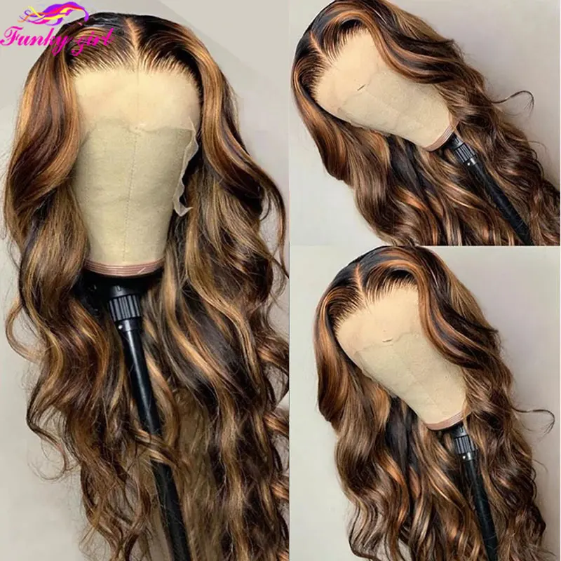 FG 4/30 Brazilian Highlight Wavy T Part Human Hair Lace Wigs Body Wave 13x1 Transparent Lace Part Wig Pre Plucked For Women
