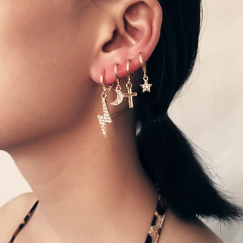 4 шт./компл. серьги-кольца с перекрестными кольцами серьги Луной и звездами для