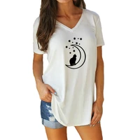 cat moon and stars funny t shirt summer fashio womens casual loose cotton short sleeve v neck tee tops