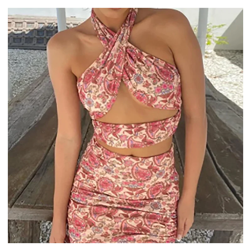 

Summer New Sexy Hollow Lace-up Halter Pleated Two-piece Ladies Dress Suit Party Tight Wrap Buttocks Short Skirt Bodycon Dress