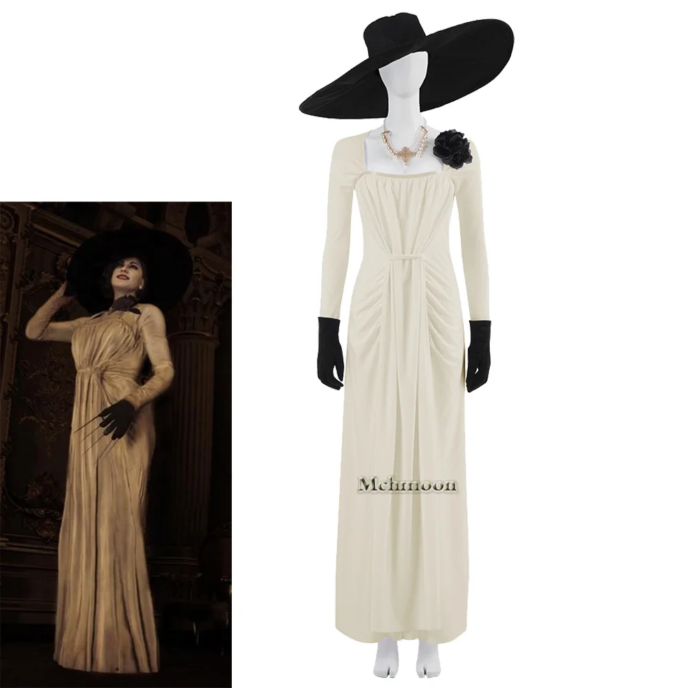 

Платье на Хэллоуин Alcina Dimitrescu, косплей-костюм, деревня игры, среднего возраста, платье злых девушек, шляпа вампира, Женский костюм Dimitrescu