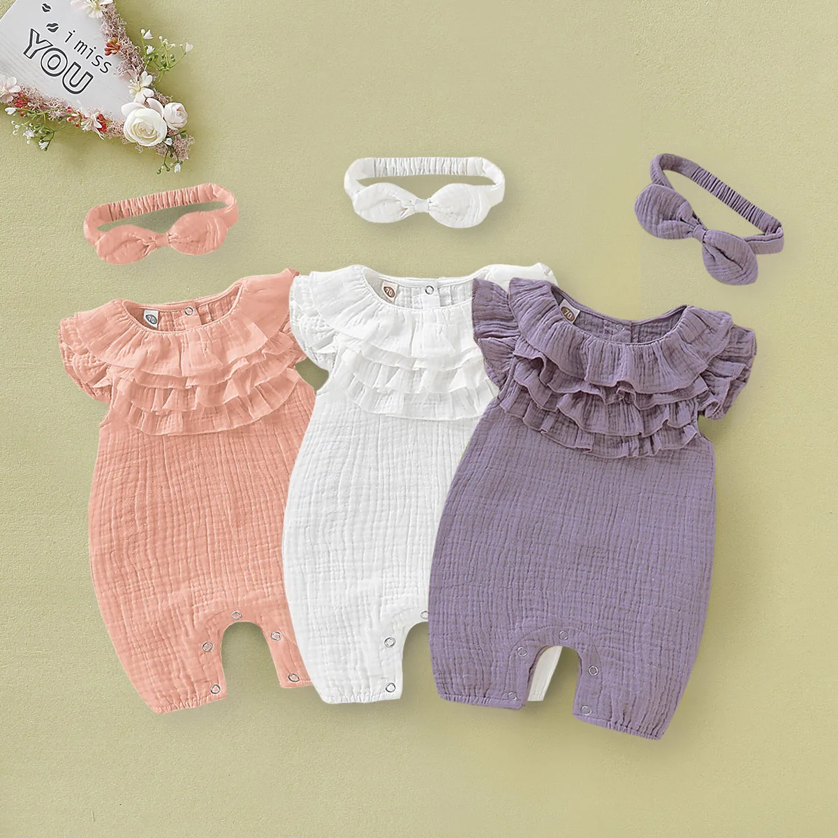 

Hibobi 2021 Summer Baby Girl Cozy Solid Ruffled Jumpsuit with Headband Newborn Kids Bodysuit