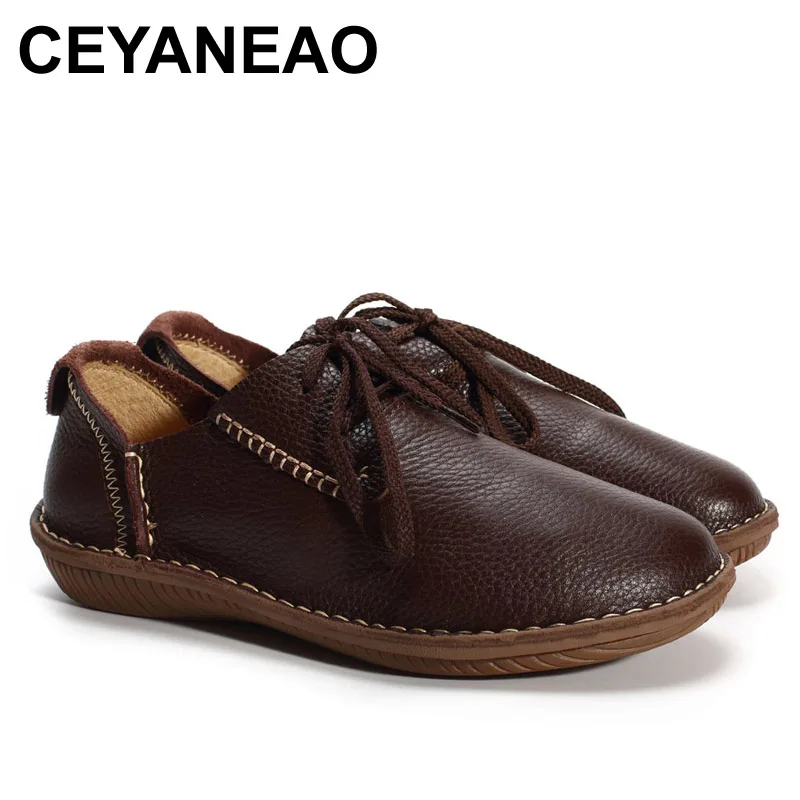 

CEYANEAO Women Genuine Leather Flat Shoes Handmade Ladies Flat Shoes Casual Coffee Lace Up Flat Shoes Woman Loafers