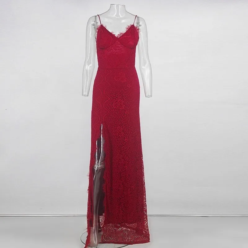 Winered Justchicc, с открытой спиной, вечерние, сексуальные платья для женщин, с высоким разрезом, на тонких бретелях, макси, длинное платье, летние, кружевные платья, элегантные, Vestidos - Цвет: Winered