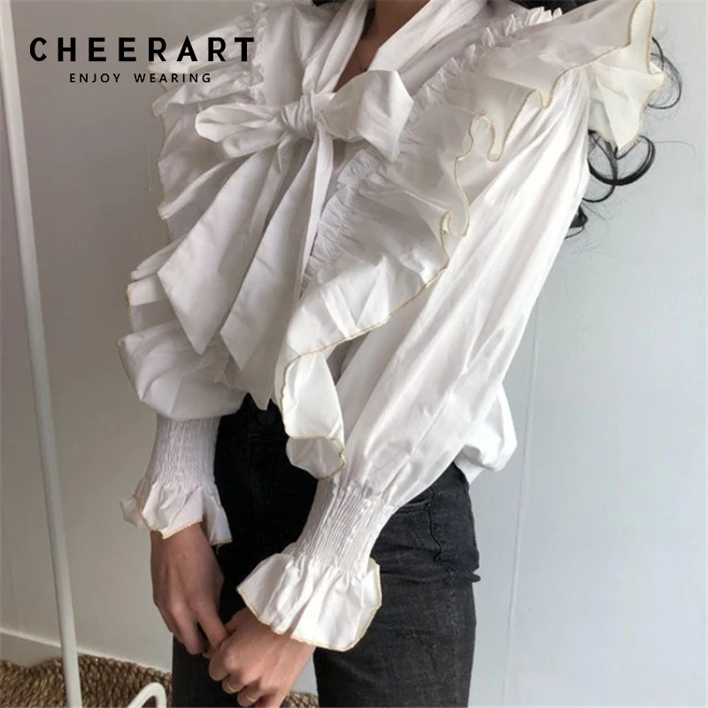 

CHEERART, Белый Топ с длинным рукавом, блузка с завязкой на шее, женская блузка с оборками и рукавами-фонариками, осень 2021, дизайнерский Топ, коре...