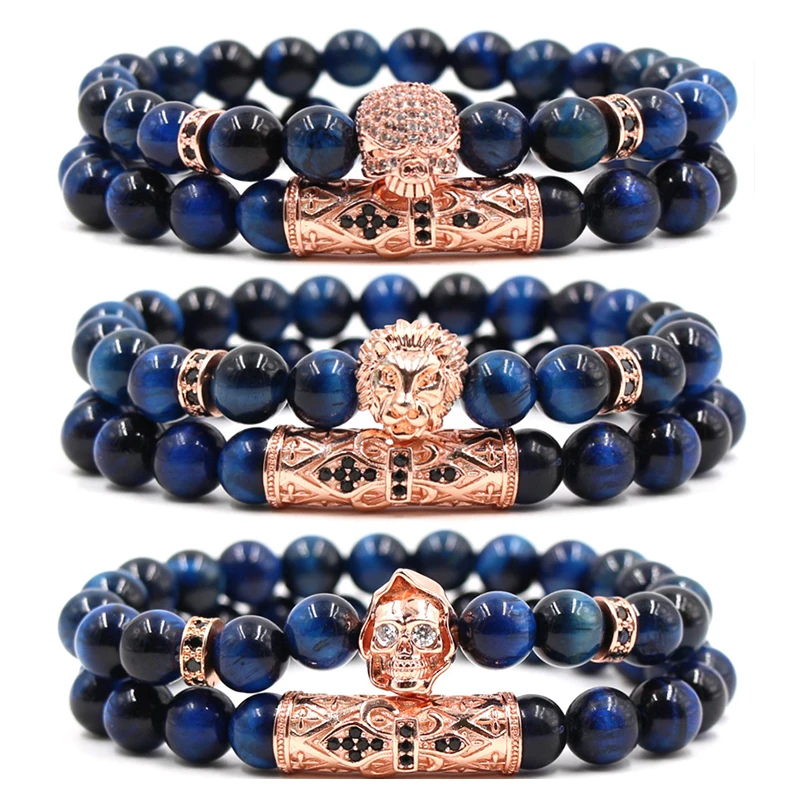 8mm Natural Stone Classic Micro Inset Zircon Curved Tube Skull Charm Elastic Beads Bracelet Women Men Bangle Jewelry 2/Set | Украшения и