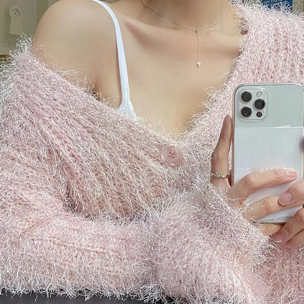 

Корейский Осенний милый сексуальный розовый мохеровый свитер с V-образным вырезом длинный кардиган темпераментный Универсальный укорочен...