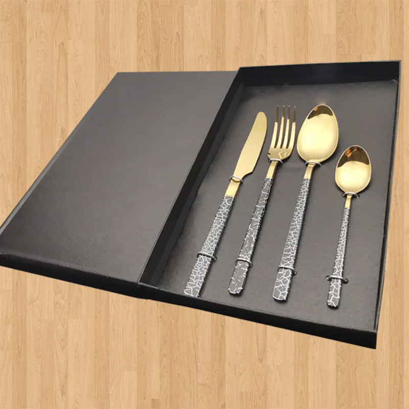 

410 stainless steel golden cutlery set black luxury cutlery set kitchen tableware mirror polished fork spoon knife set 4 pieces