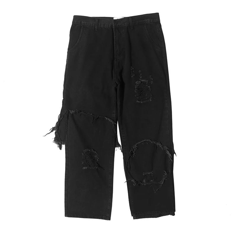 Рваные джинсы с асимметричными дырками широкими штанинами для мужчин и женщин