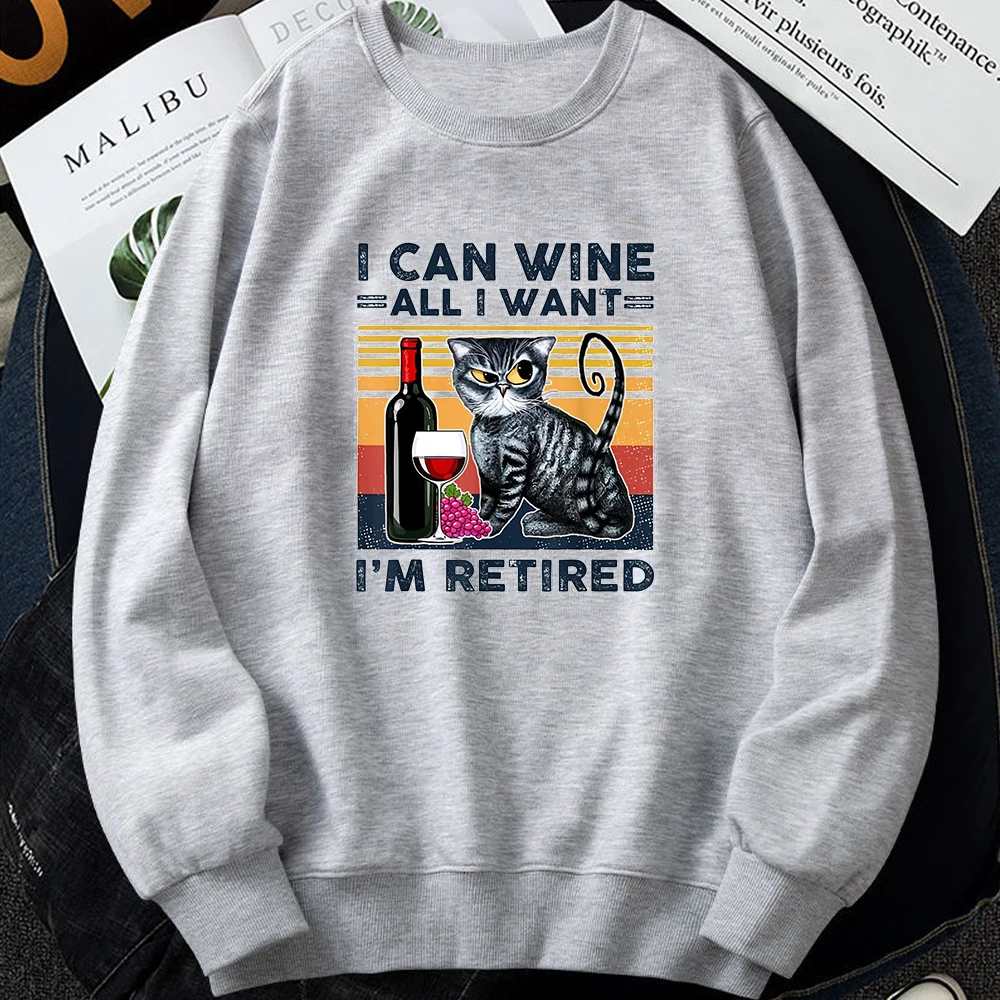 

Свитшот с надписью «I Can Wine All I Want», новинка 2021, повседневные толстовки с круглым вырезом, Забавный пуловер с принтом в виде милого кота, в стил...