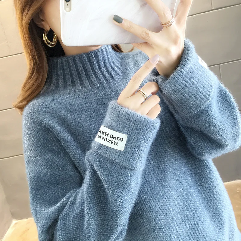 

Осенне-зимняя однотонная простая вязаная водолазка UuLuTonica, свободная облегающая теплая Женская пуловер для ленивых женщин, свитер